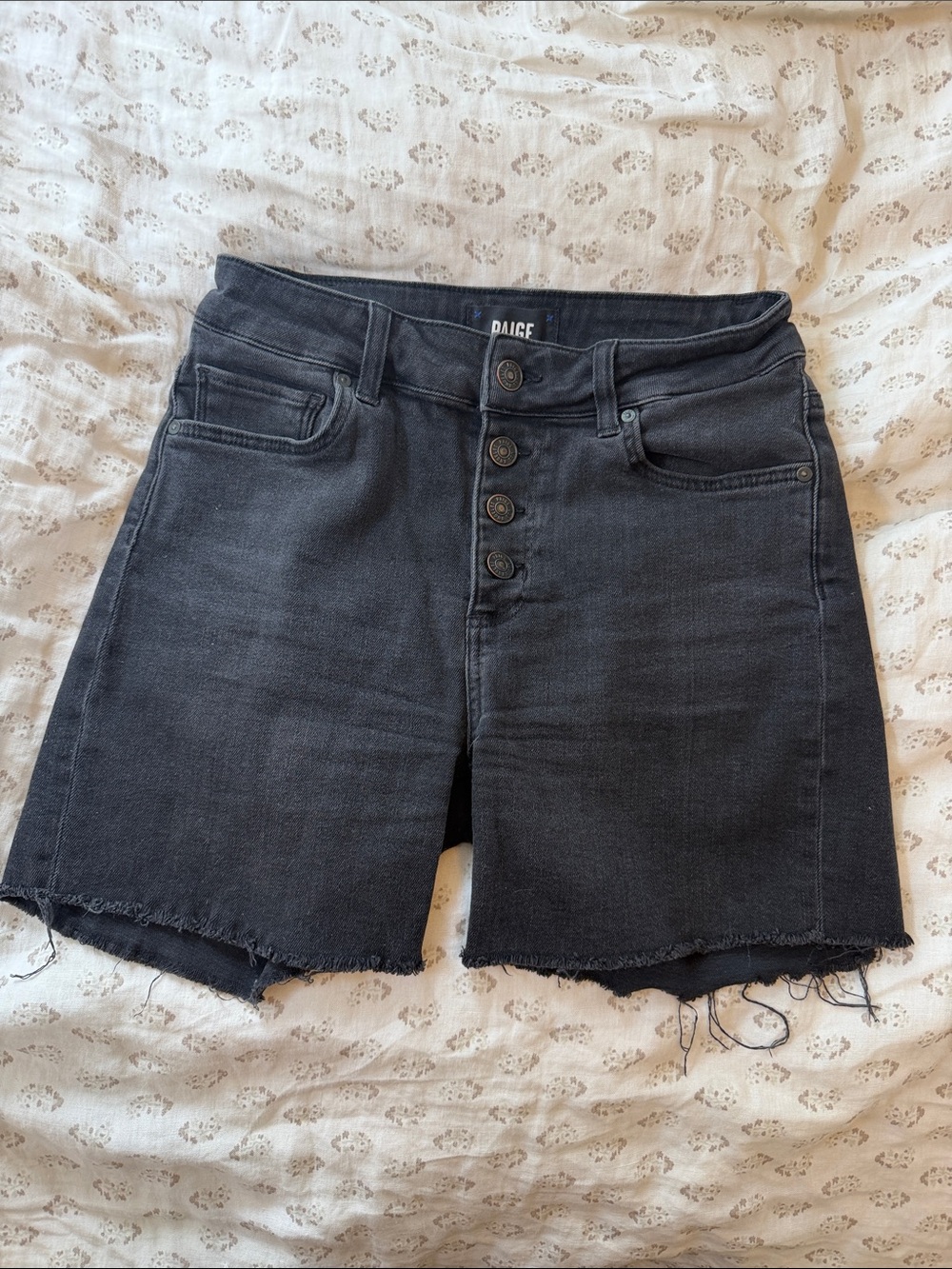 PAIGE Black High-Rise Button-Fly Cutoff Denim Shorts